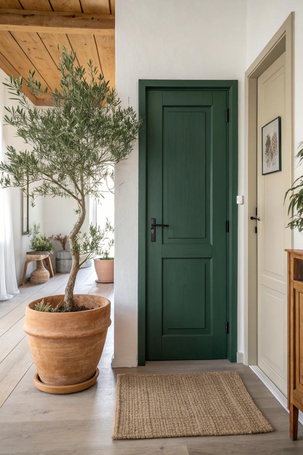 A one-sided plant vignette adds bold color by your apartment door—without crowding the entry.