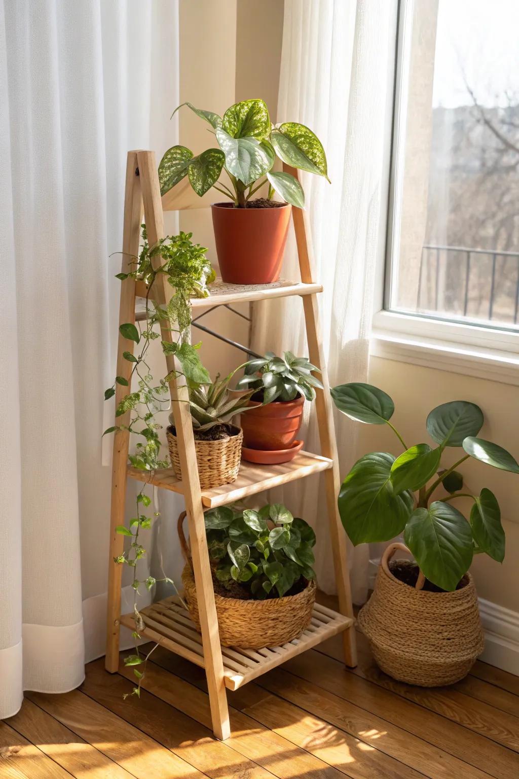 A compact tiered plant stand turns one sunny corner into a lush mini garden—no clutter.