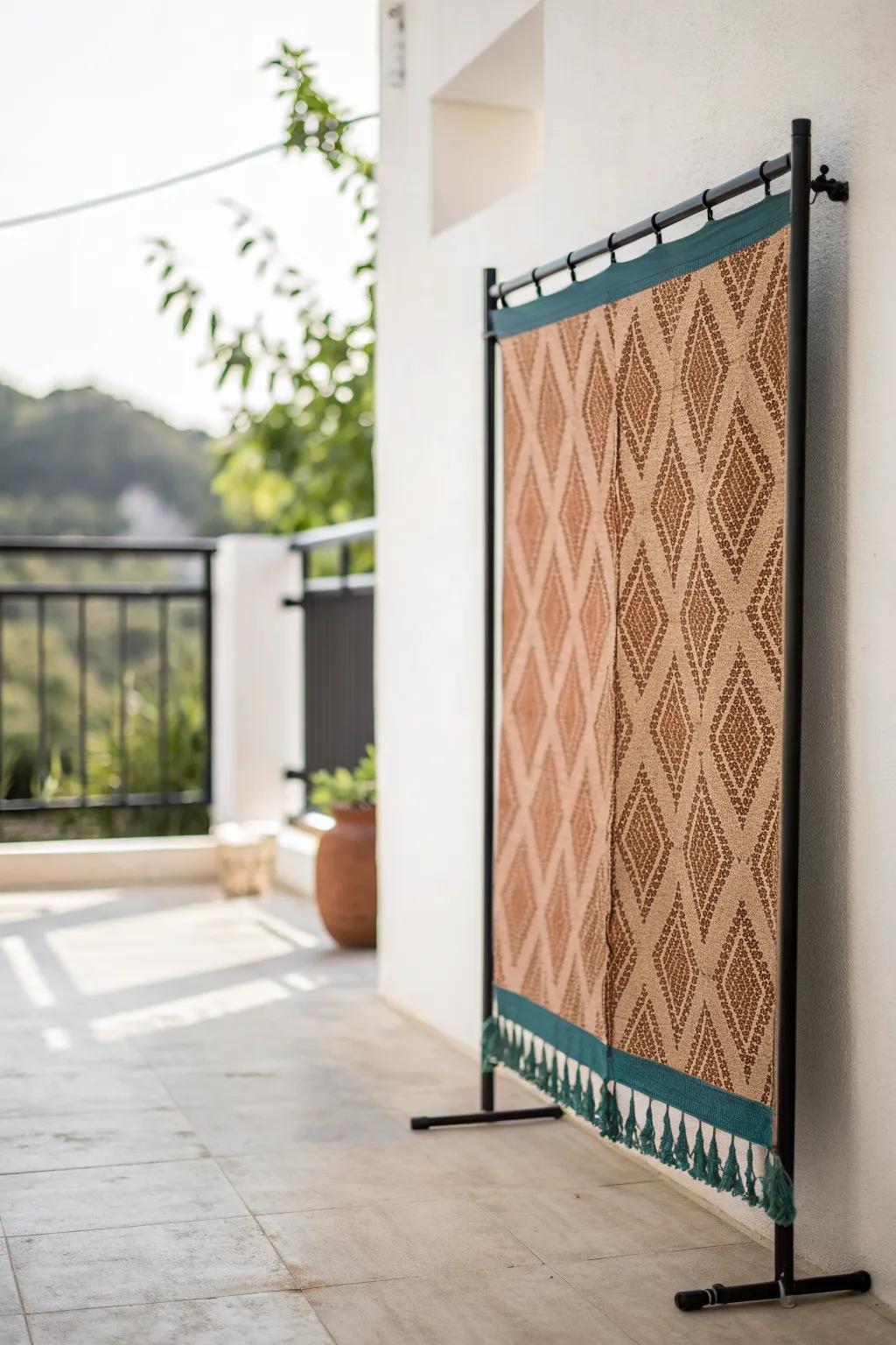 Budget patio privacy: a woven screen tied to the railing for instant chic, cozy seclusion.
