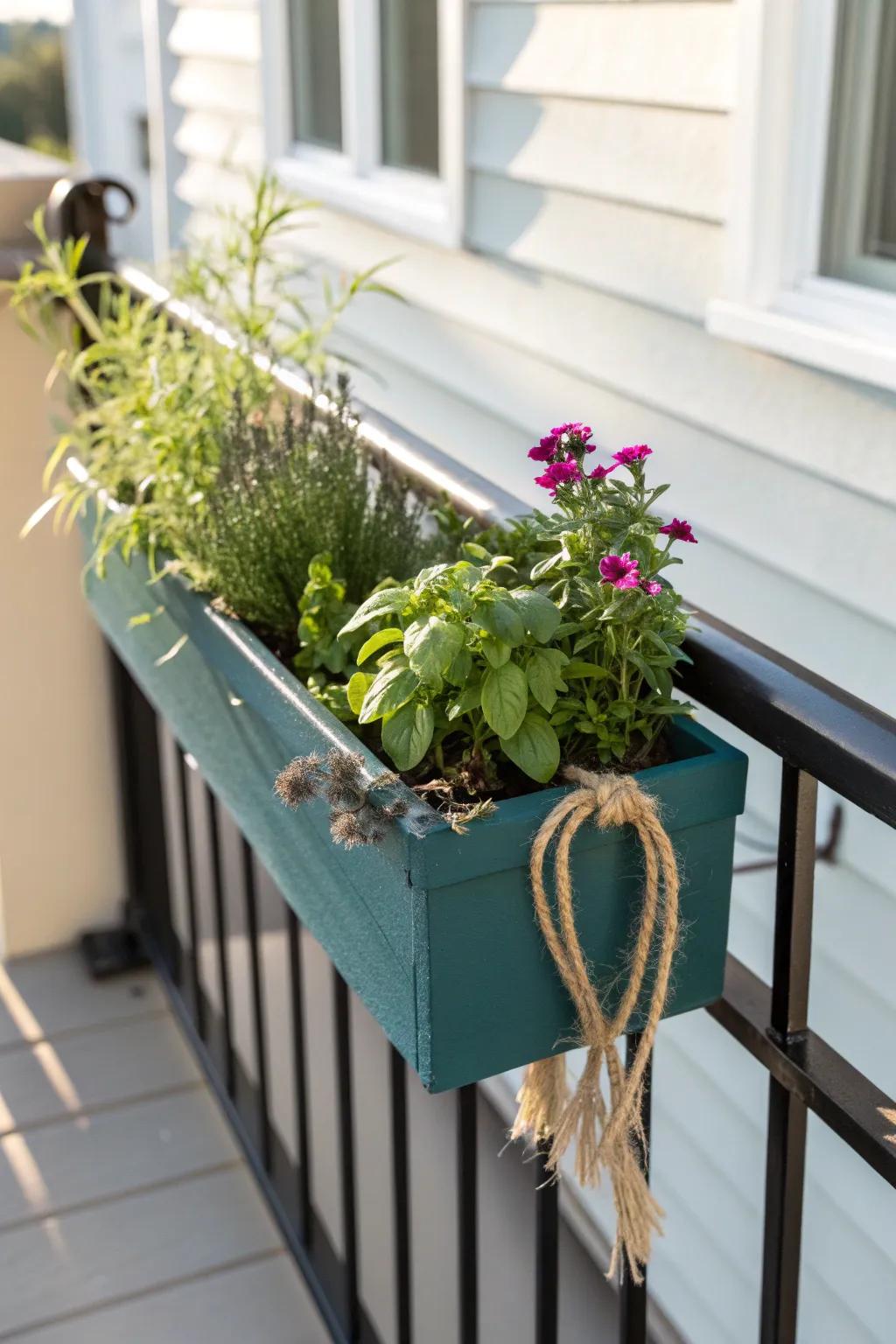 Rail-hung planter: instant herbs and blooms—lush greenery without stealing balcony seating space.
