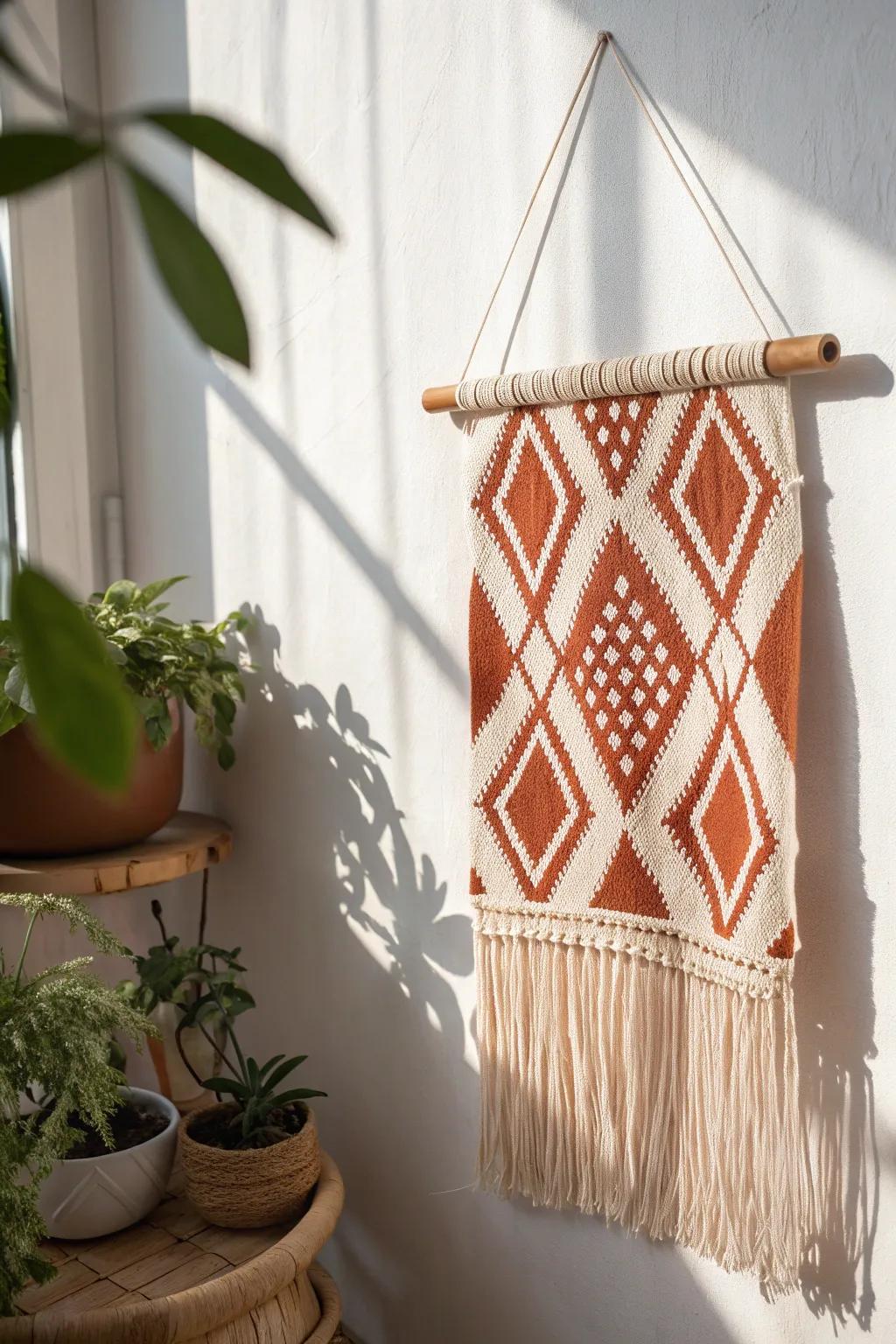 Warm up blank apartment walls with a bold, handcrafted textile hanging—soft texture, big impact.