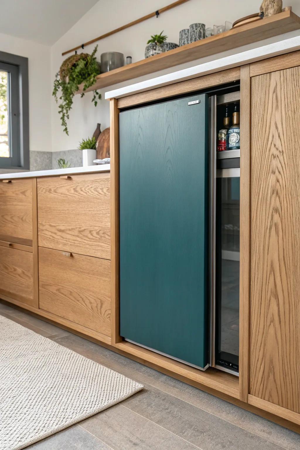 A sleek sliding-door appliance garage keeps tiny counters calm—minimal, warm, and chic.