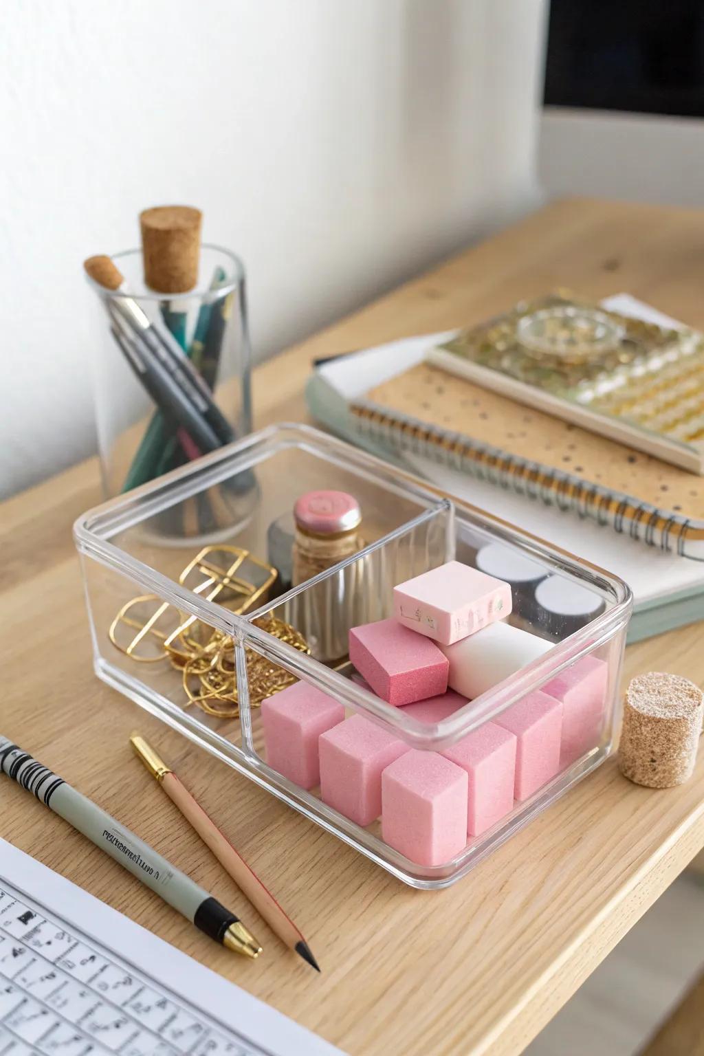 Clear bins keep tiny art tools visible, tidy, and ready—no more digging through mystery boxes.