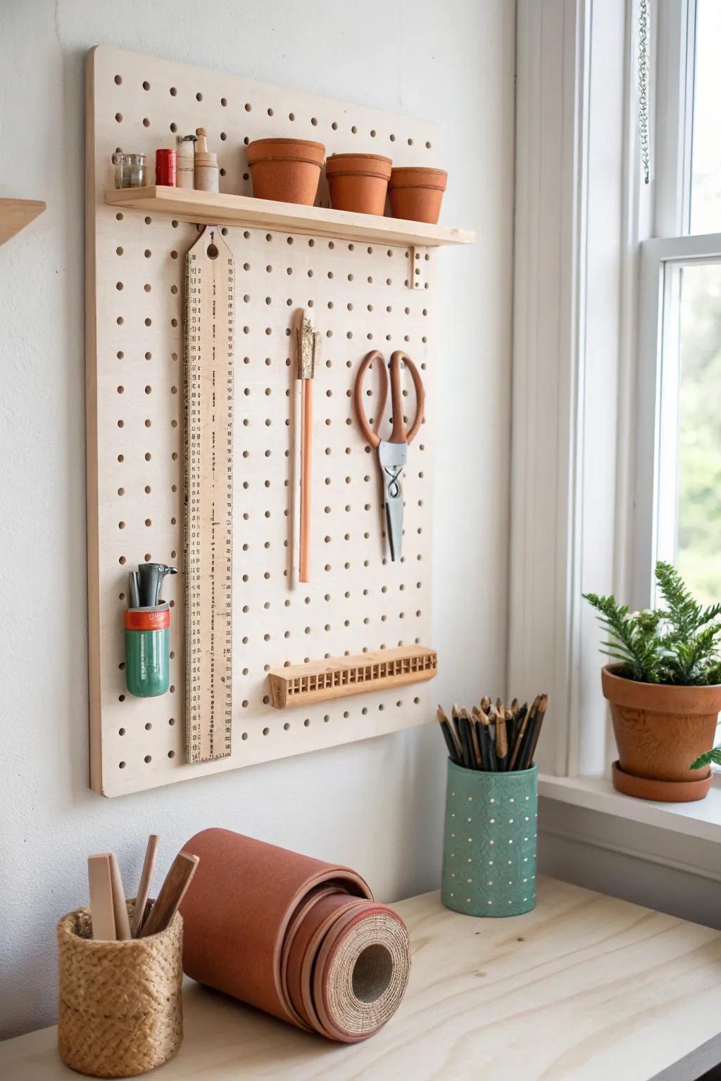 Small-space pegboard tool wall: keep art supplies visible, chic, and off your desk.