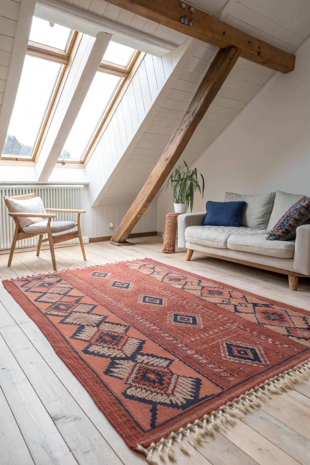 One bold area rug defines cozy “rooms” in an airy attic layout—no walls needed.