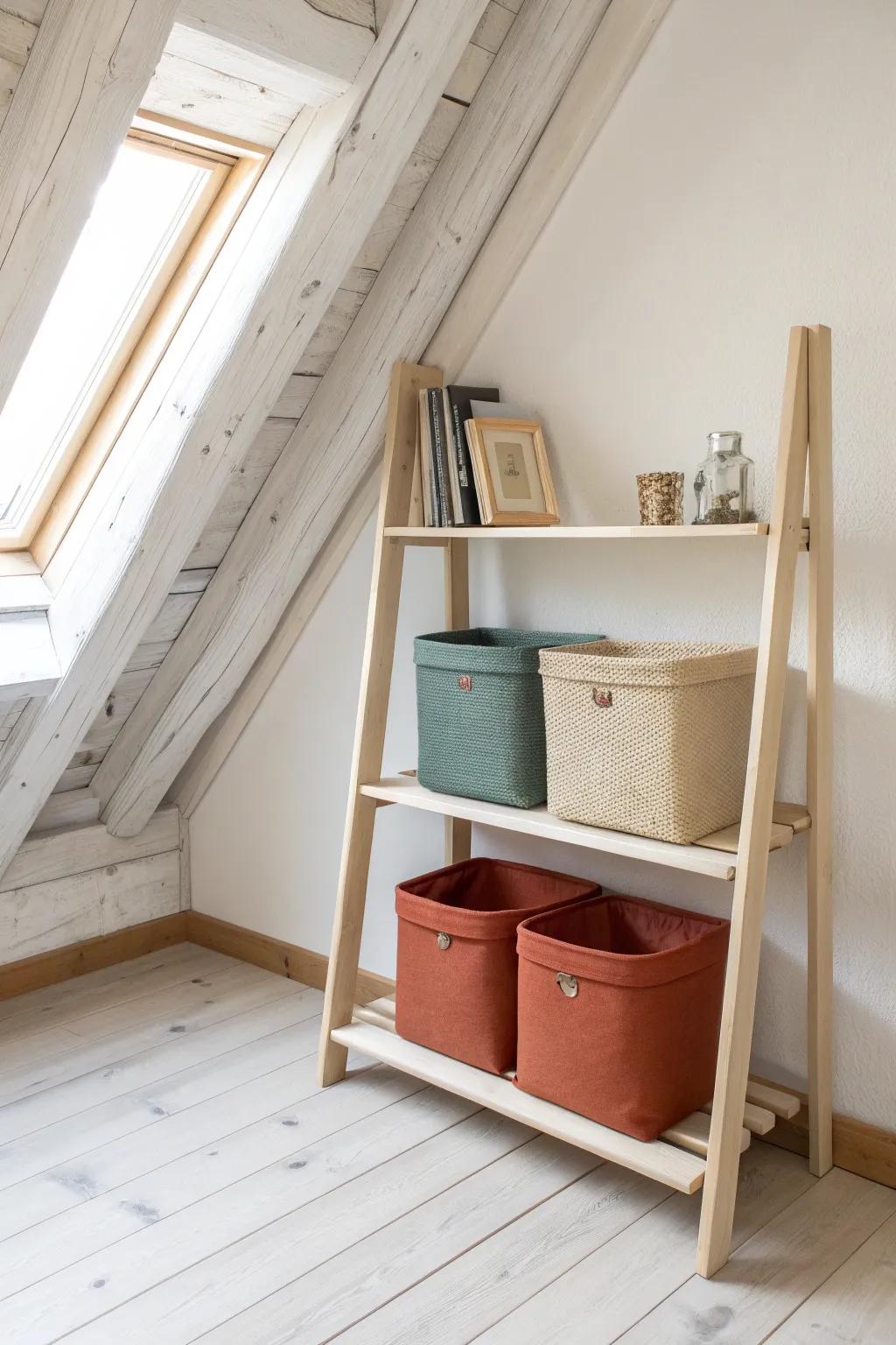 Make triangle attic space usable: truss-mounted shelves keep bins level and beautifully stacked.