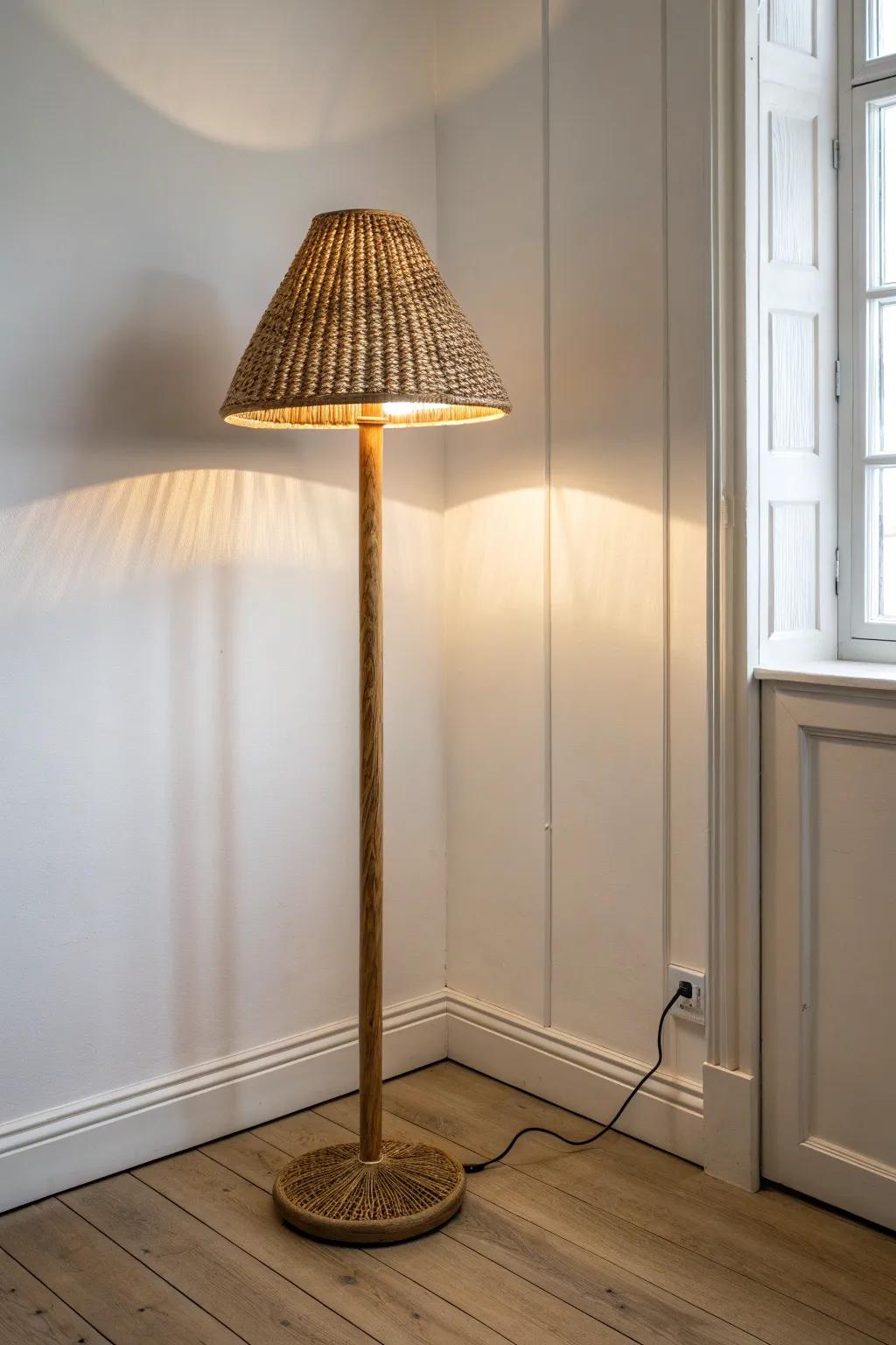 A slim floor lamp instantly warms a shadowy corner—and makes it look styled and intentional.