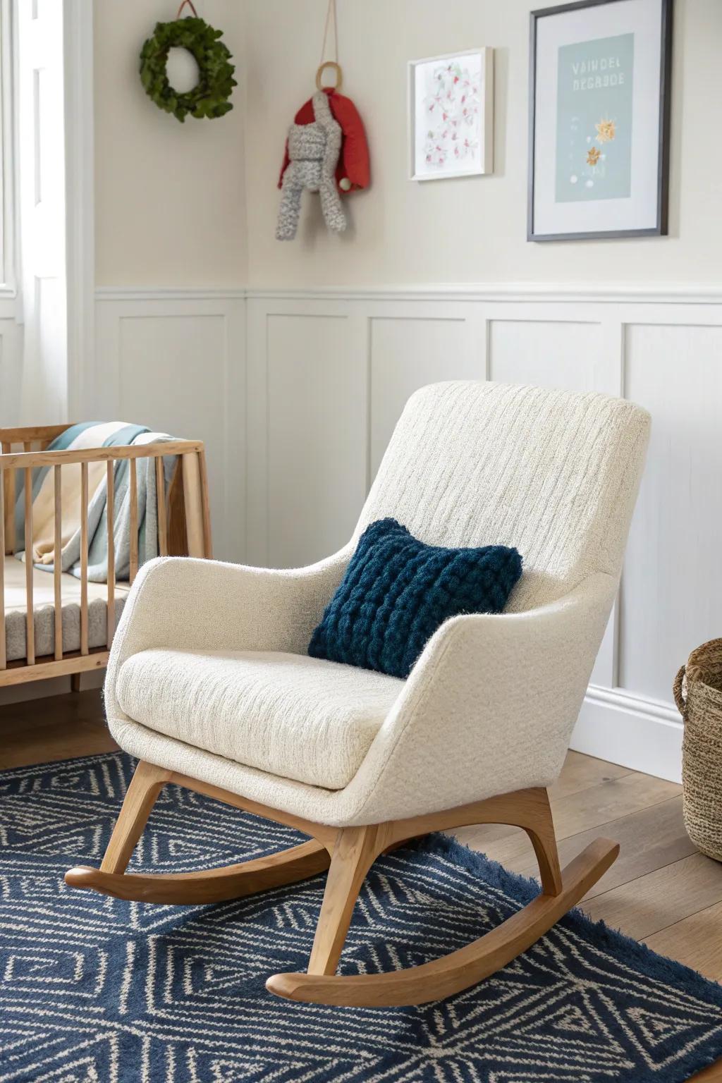 Compact glider in oak and bouclé—small-room friendly comfort for baby boy feedings.