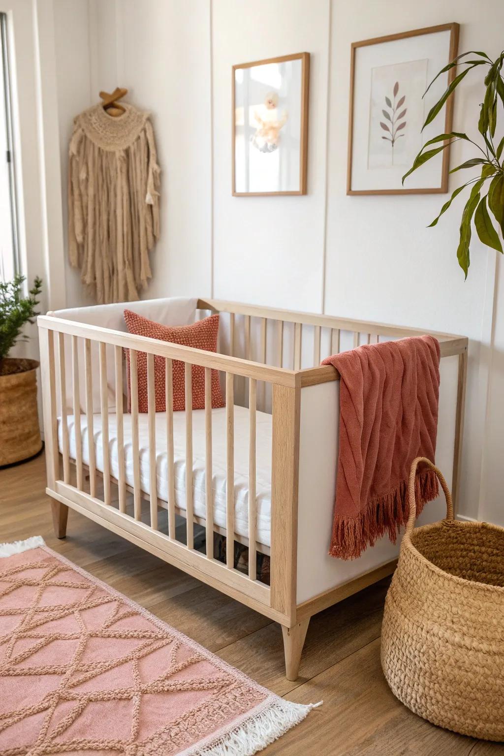 A compact mini crib that frees up floor space while keeping a soft, stylish baby-girl vibe.