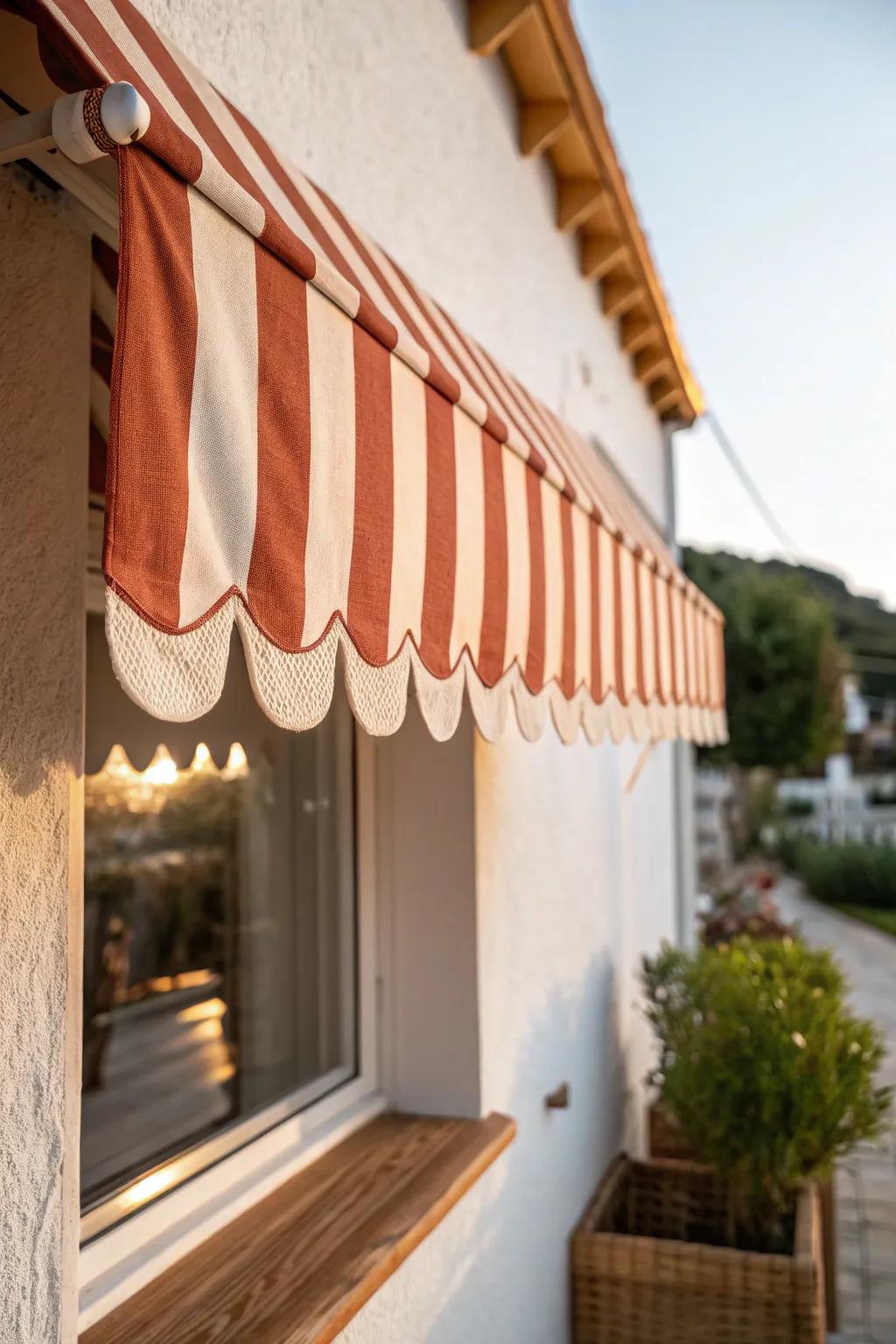 Scalloped awning trim in terracotta stripes—soft vintage café vibes with crisp evening shade.