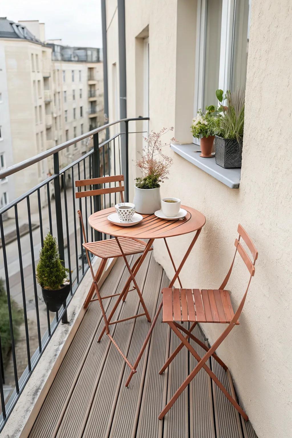 Compact balcony bistro set with tuck-in chairs—perfect for daily coffee and quick dinners.