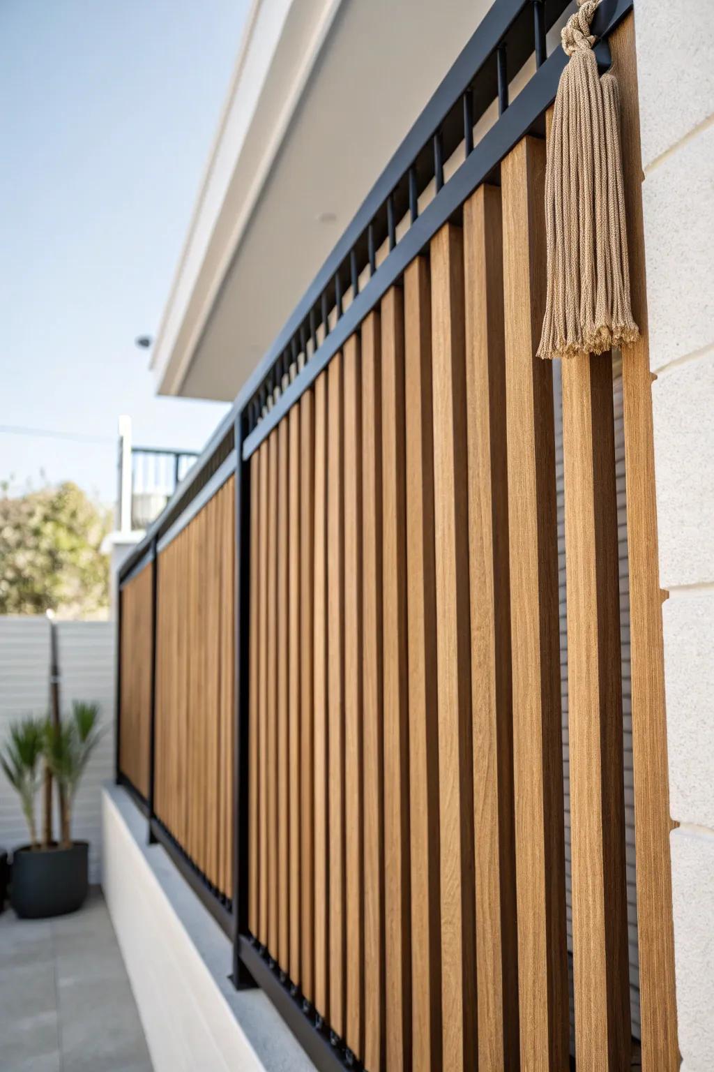 Vertical slat fence = modern texture and extra privacy, making small balconies feel taller.