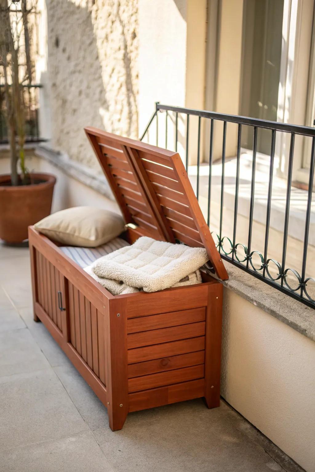 A sleek storage bench adds extra seating while hiding cushions for a calm, clutter-free balcony.