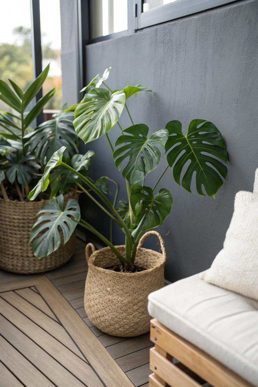 Matte charcoal walls make one statement plant look lush, modern, and beautifully high-end.