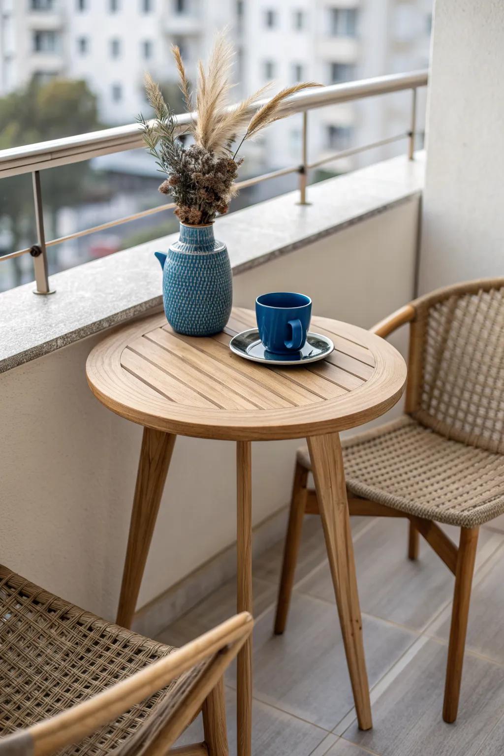 Two slim chairs + a tiny table: a balanced coffee spot that fits even the smallest balcony.