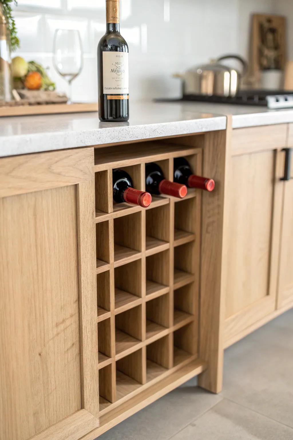 A simple built-in wine rack grid keeps bottles tidy—and instantly elevates a small bar nook.