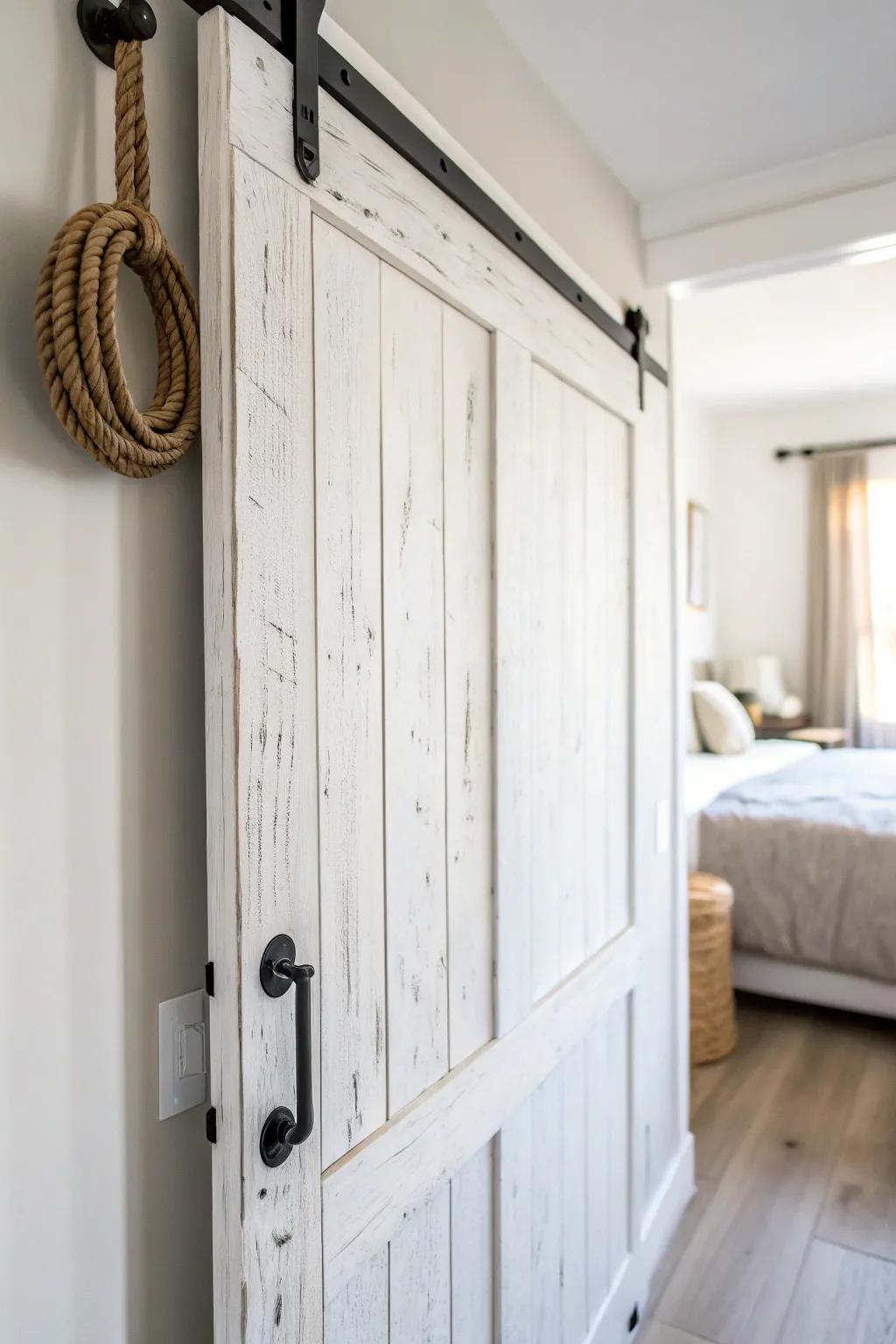 Soft white painted barn door brightens a small closet corner and makes it feel more open.