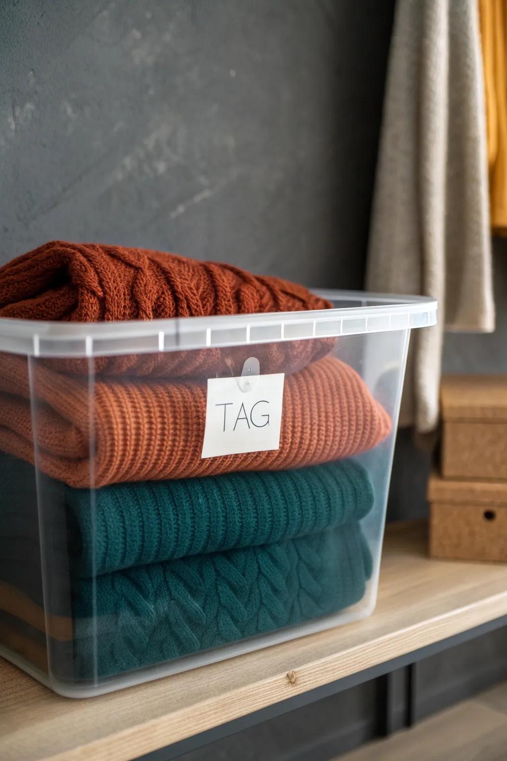 Clear bins turn basement closets into quick-grab zones—see everything at a glance, no digging.
