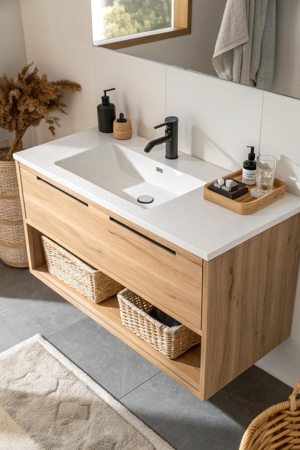 A floating vanity reveals more floor space—instantly making a small bathroom feel bigger.