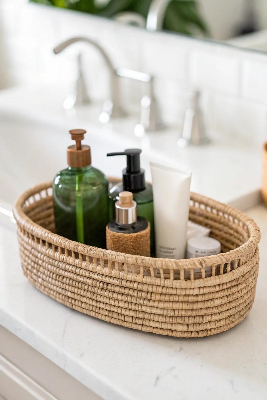 A shallow basket catchall turns daily bathroom essentials into a calm, styled countertop moment.