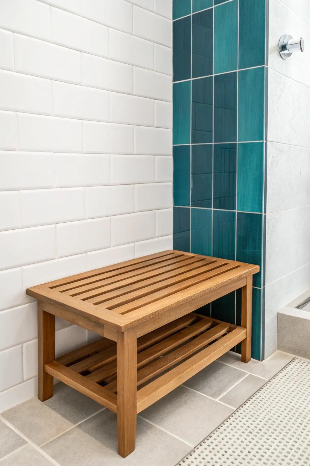 A floating shower bench keeps the floor visible and adds warm spa style to small bathrooms.