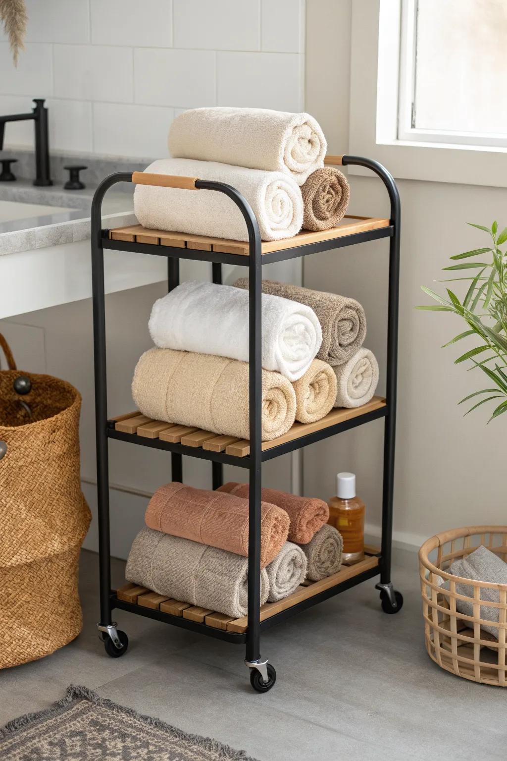 Rolled towels on a slim cart: spa-neat storage with a bold terracotta pop.