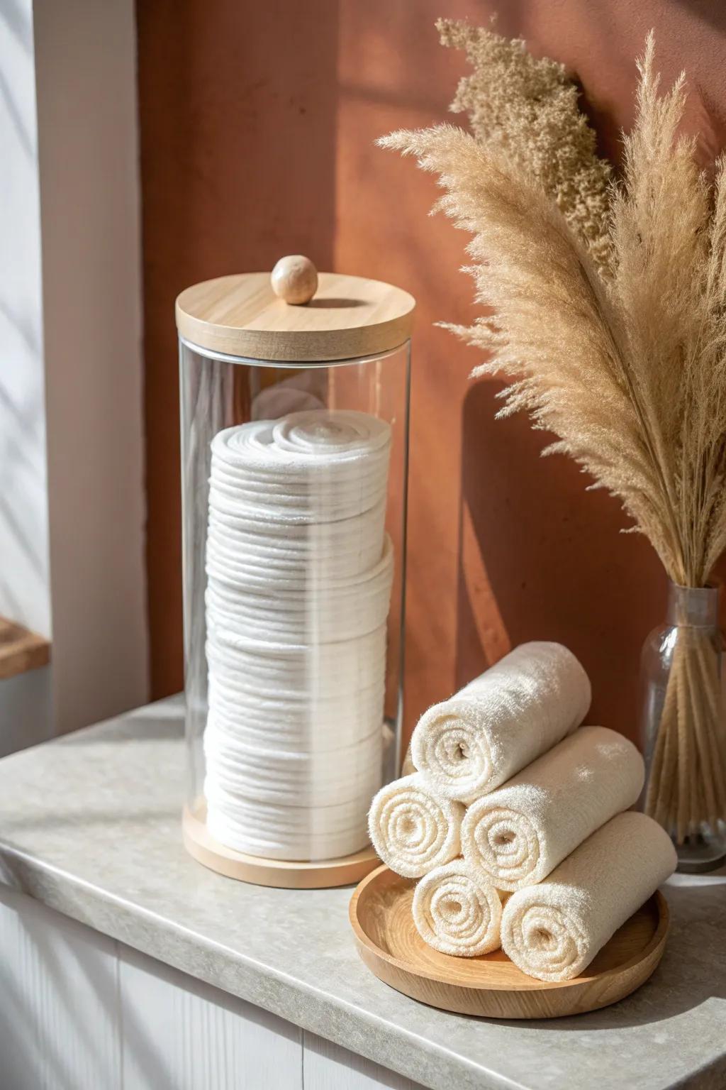 Clear canisters keep small essentials visible, tidy, and beautifully uniform in open closets.