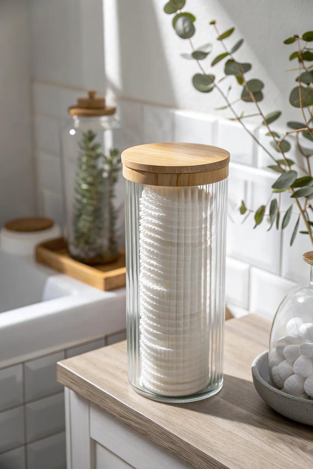 Decant cotton rounds into a clear jar for a spa-like shelf and instant restock visibility.