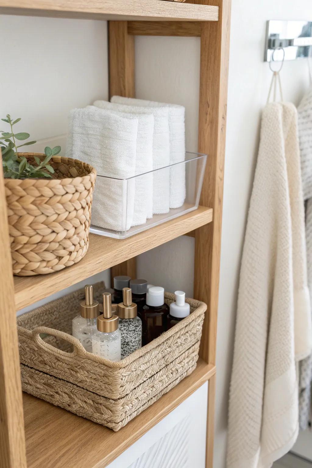 Clear bins for minis, lidded baskets for clutter—one calm, chic bathroom shelf that works hard.