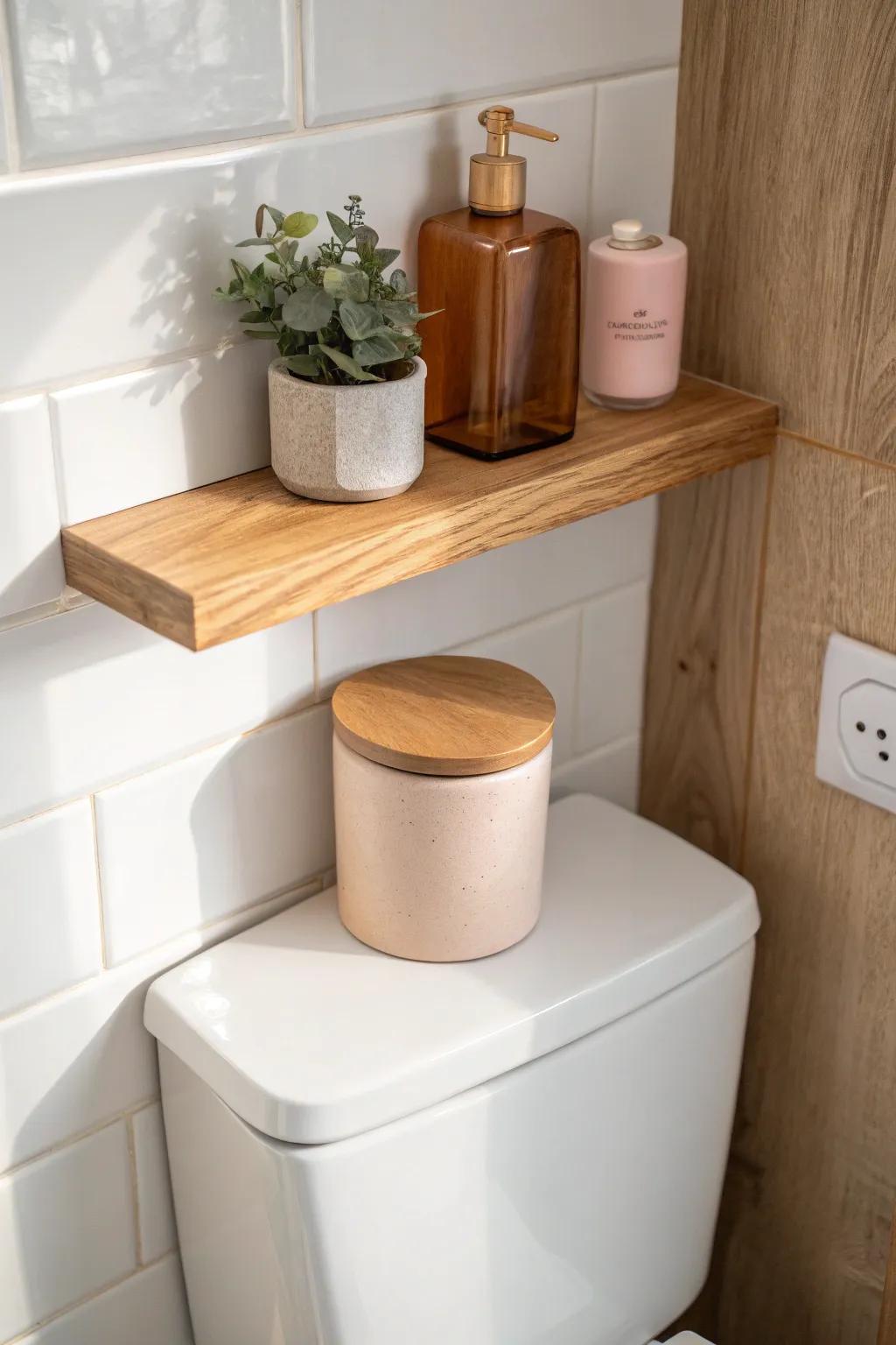 Floating corner shelf above the toilet—one artisan jar for storage that feels calm, not cluttered.
