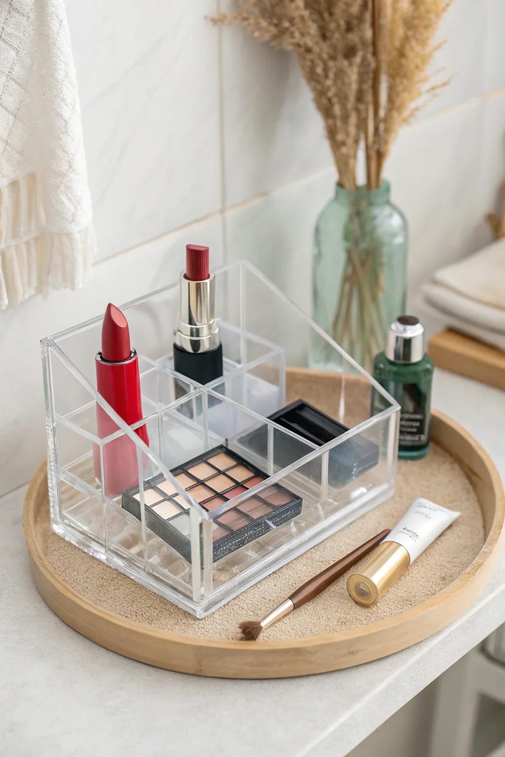 Clear acrylic compartments keep makeup visible, tidy, and easy to grab on small counters.