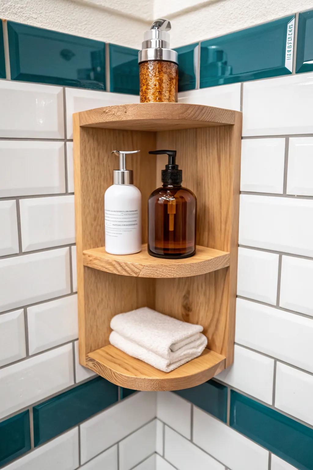 Corner shower floating shelf: elegant storage for razors and body wash—no dripping, no clutter.
