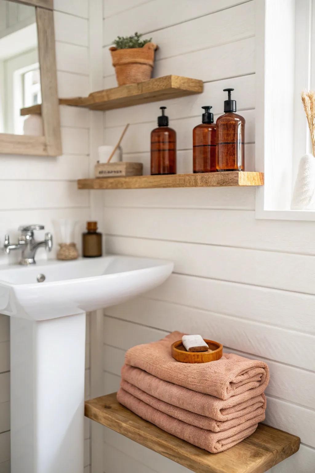 Slim floating shelves make a pedestal-sink nook feel styled—towels and daily basics, no clutter.