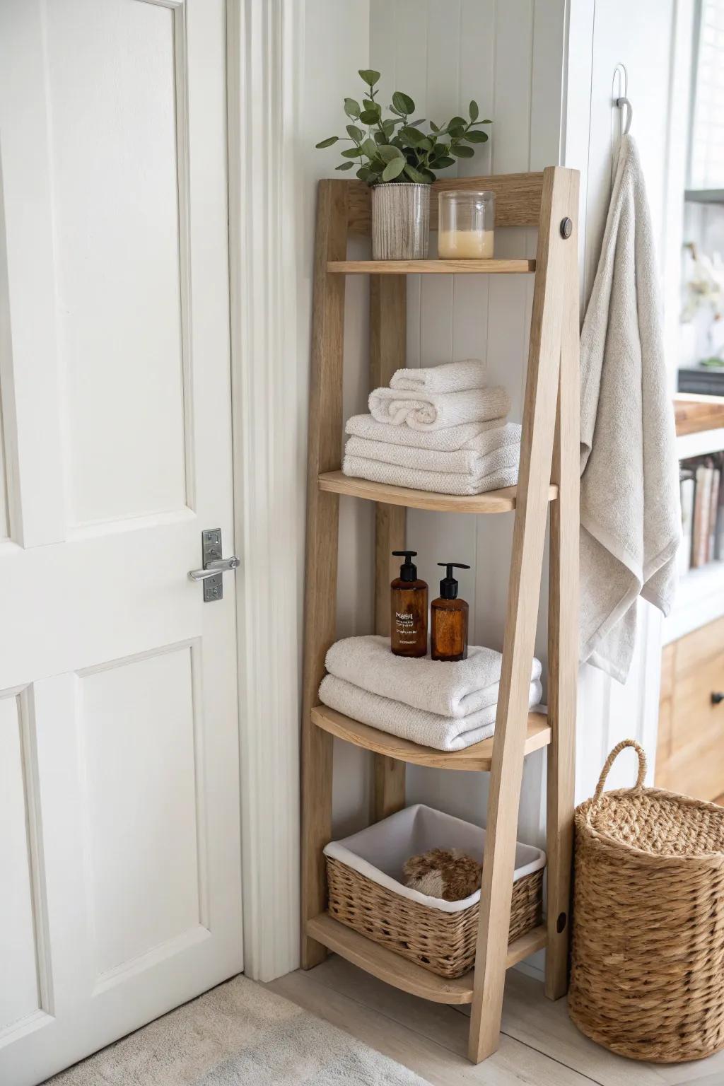 A skinny behind-the-door shelf turns “unused” space into chic storage for bathroom backups.