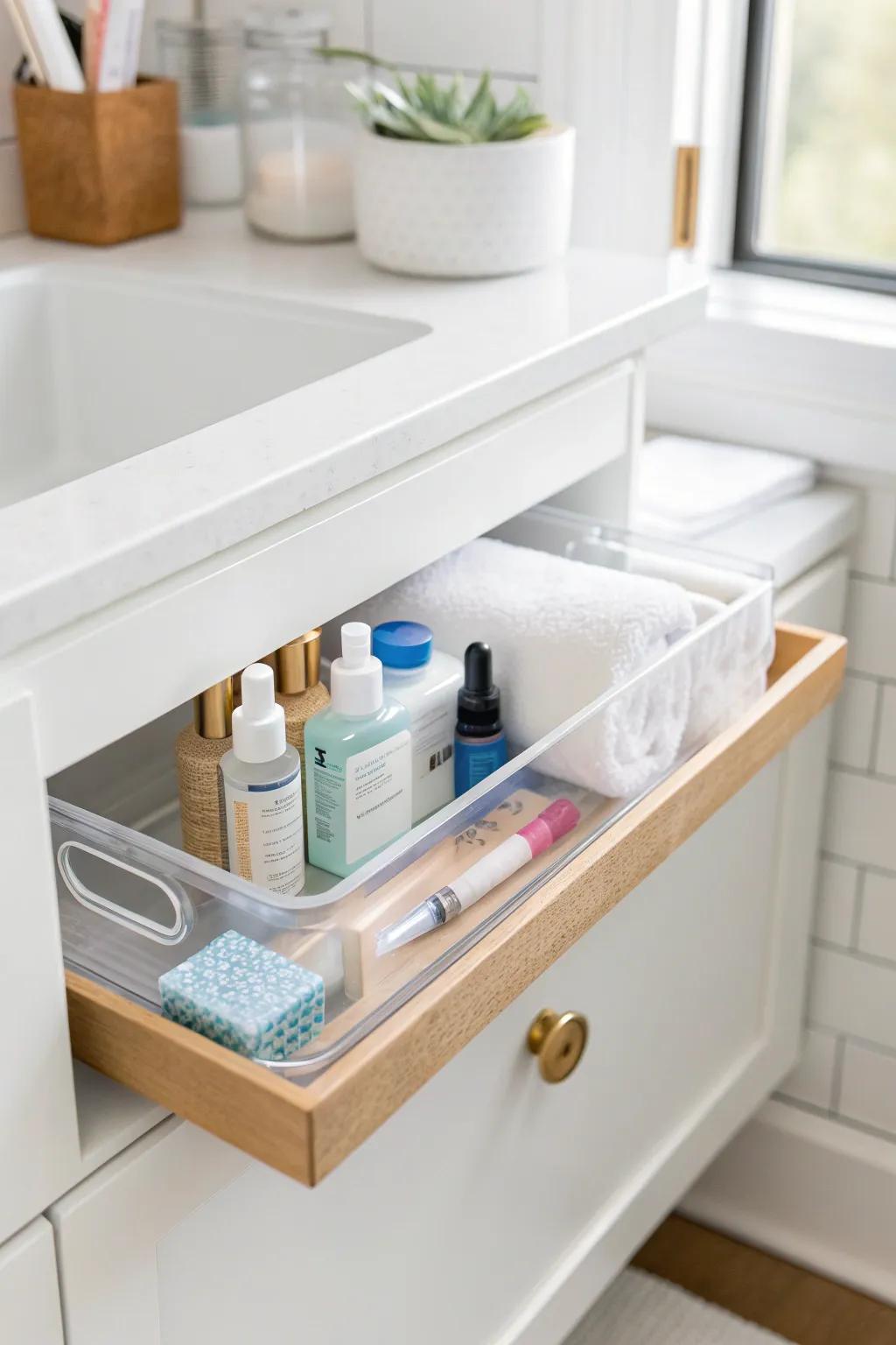 Clear bins keep medicine-cabinet minis upright—and make duplicates a thing of the past.