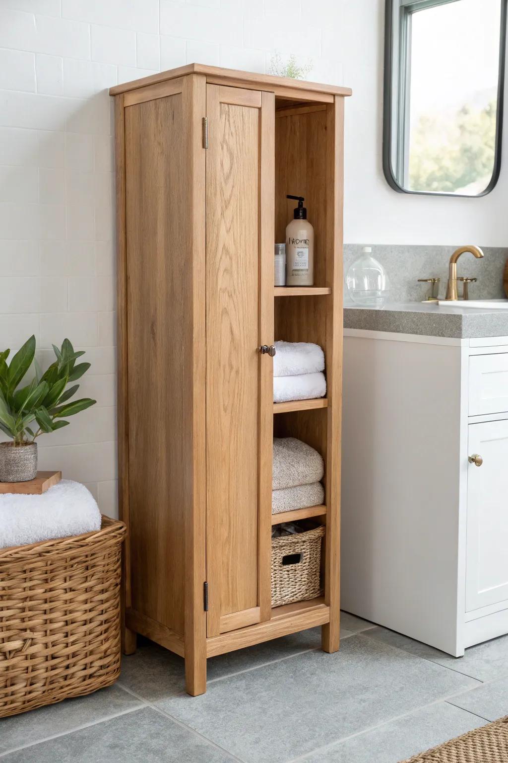 A slim vanity sidecar pantry cabinet that doubles storage—minimal, warm oak, and high impact.