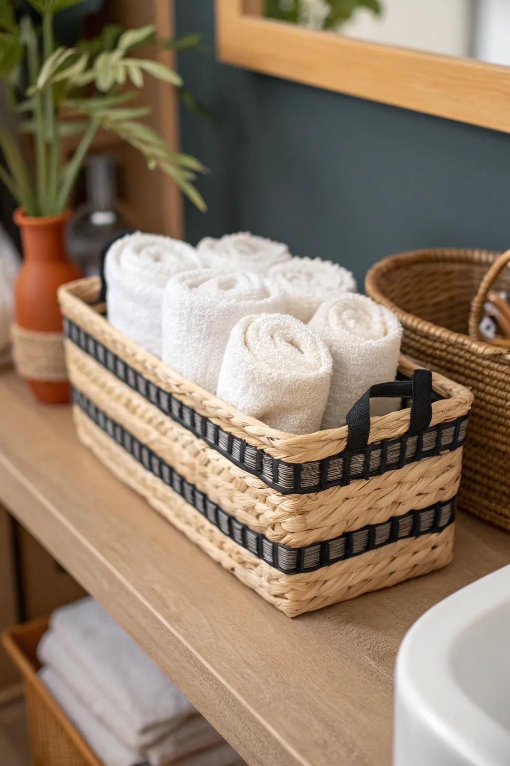 One woven shelf basket + upright rolled towels = open shelves that look calm and curated.