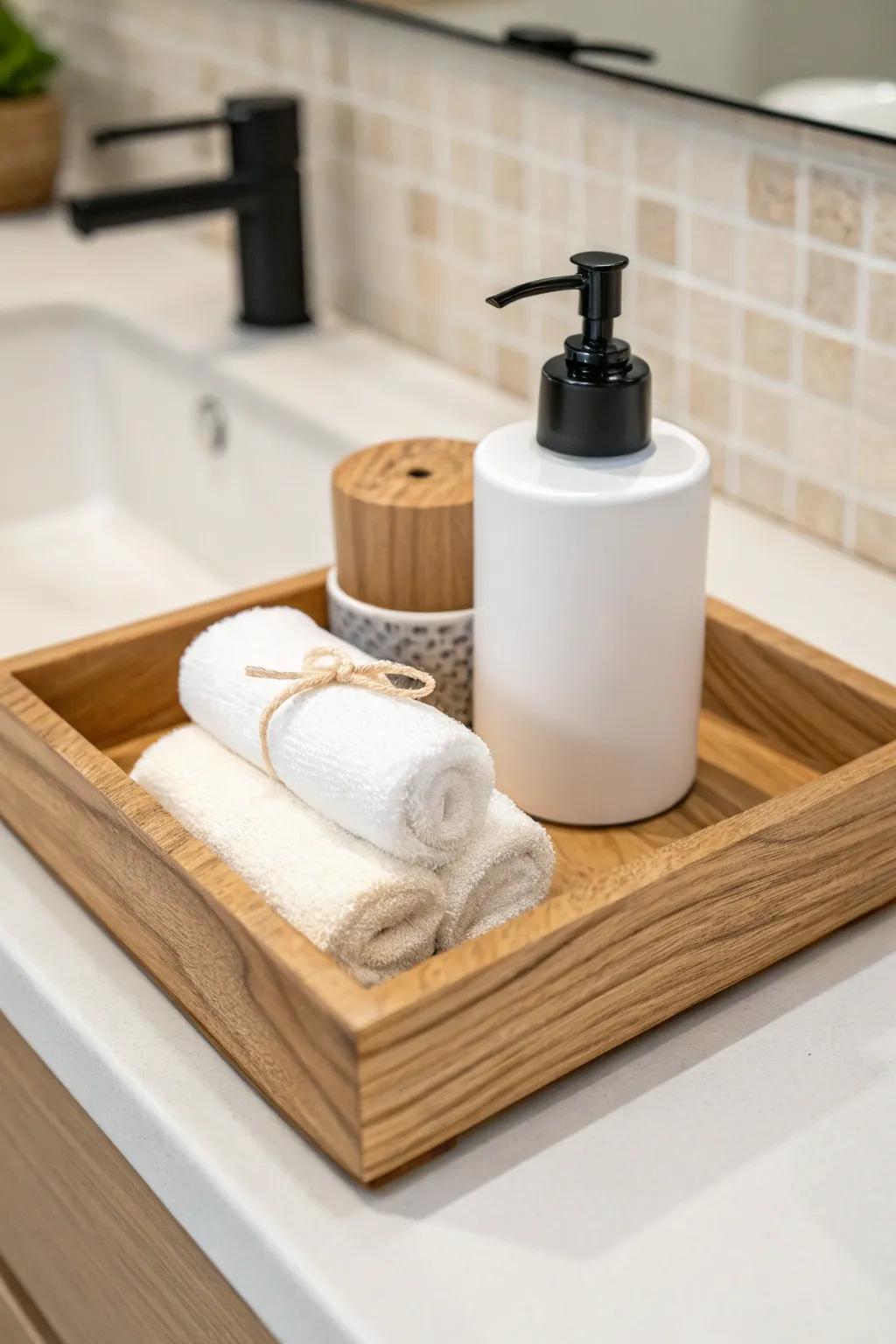 A simple oak tray with rolled washcloths and a pump bottle for an instant spa-ready counter.