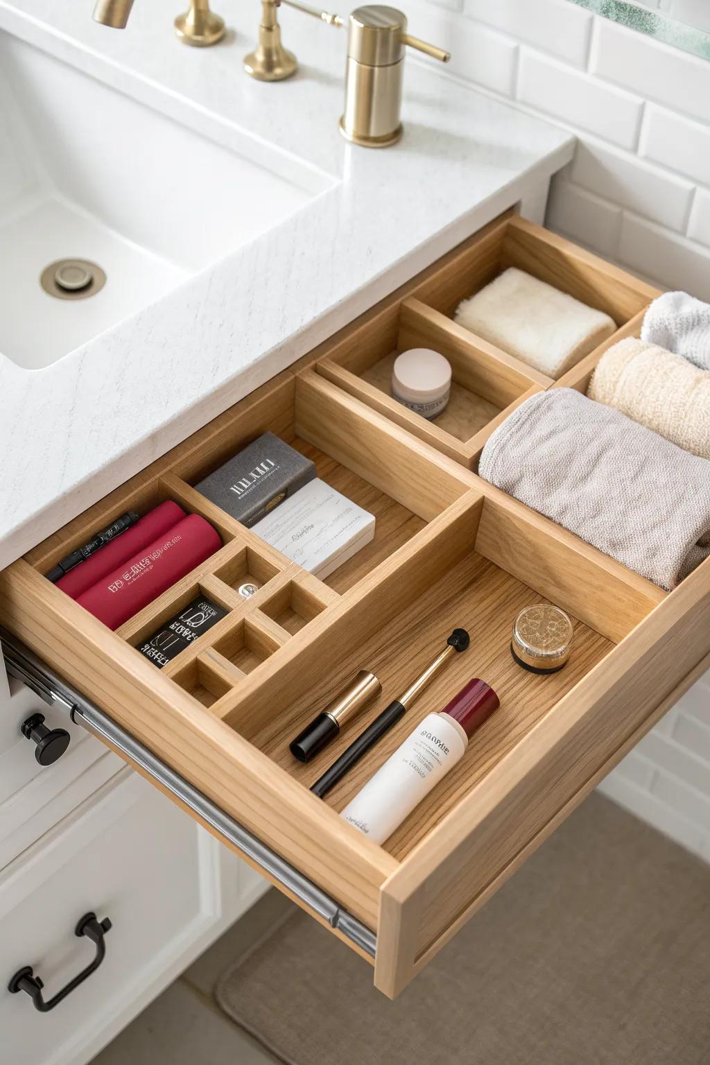 Modular vanity trays: tiny sections for lips, long lanes for brushes—rearrange anytime.