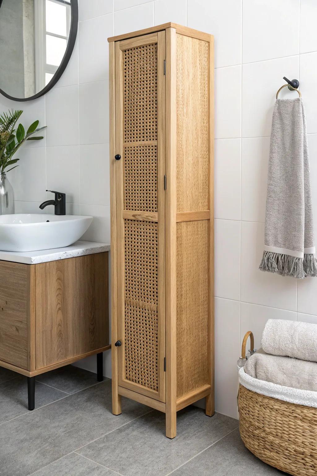 A slim vanity-side tower keeps towels, skincare, and tools organized without crowding the sink.