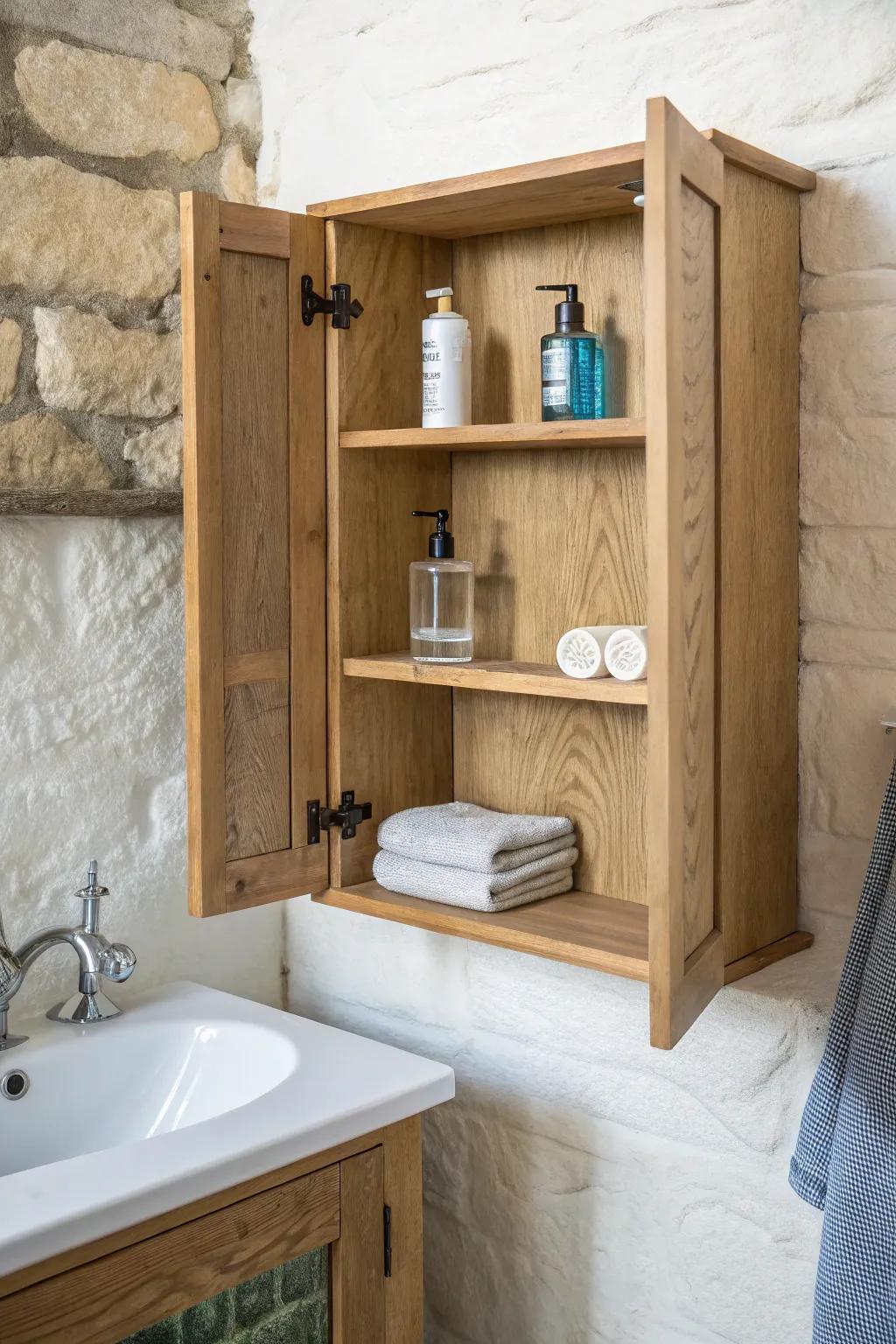Double doors + adjustable shelves: fit tall bottles and backups neatly in a small bathroom.
