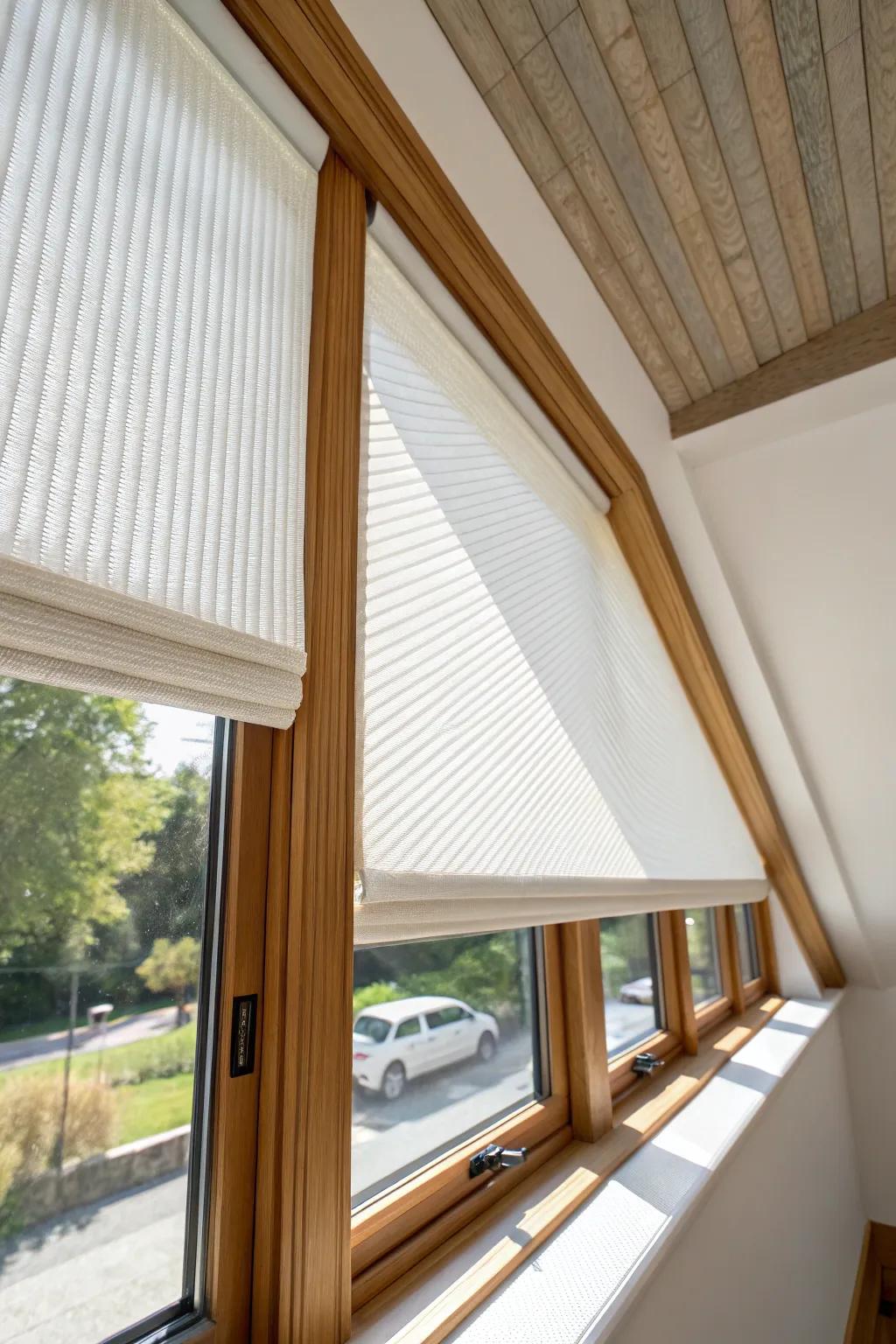 Inside-mount cellular shades: crisp bay angles, cozy insulation, and instant privacy.
