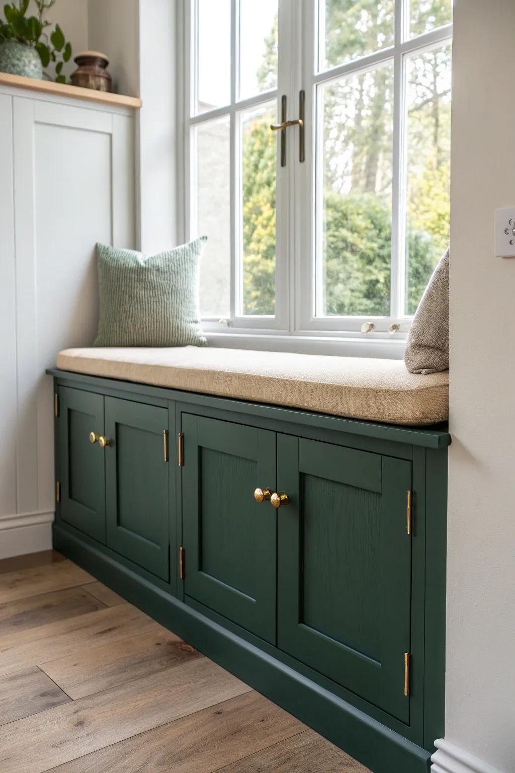 Hide clutter in chic bay-window cabinet doors for a clean, calm, Pinterest-perfect built‑in look.