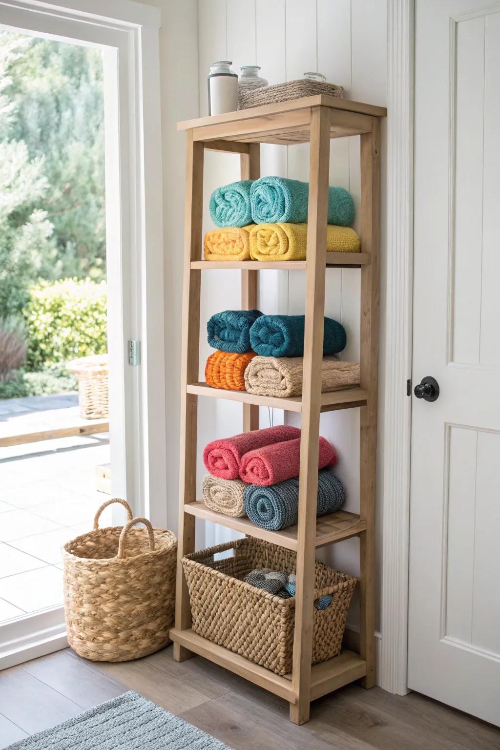 A slim shelf tower by the back door keeps rolled beach towels tidy and ready to grab.