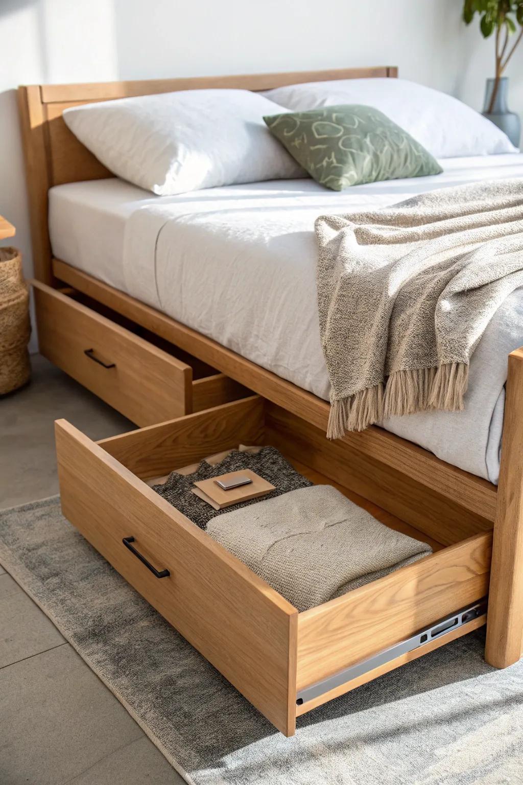 Footboard drawers hide extra throws & pillows—clean, chic storage right where you need it.