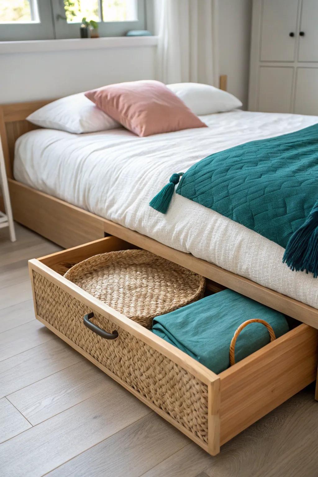 Low-profile under-bed bin keeps comforters and pillows tidy—hidden storage made chic.