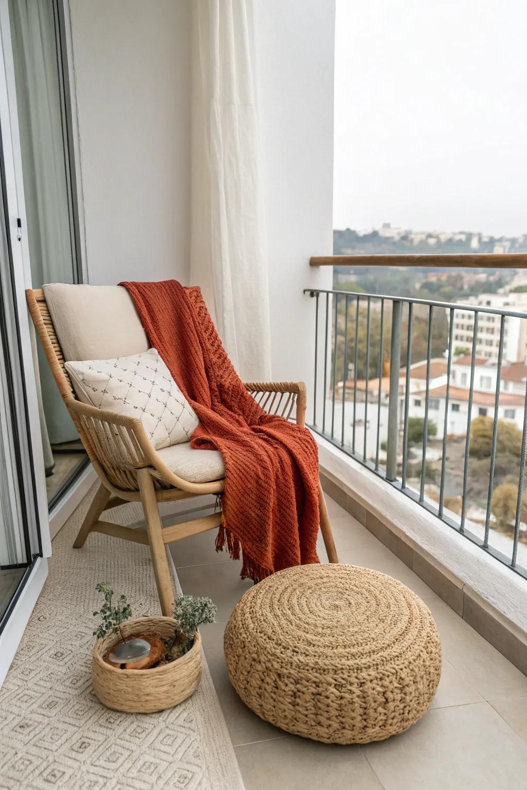 A slim balcony reading nook: statement chair with tuck-away pouf for extra comfort.