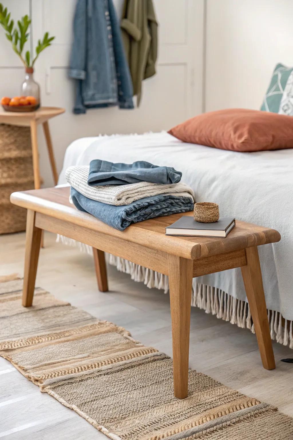 A warm oak bench adds instant coziness—perfect for tomorrow’s outfit in a small bedroom.