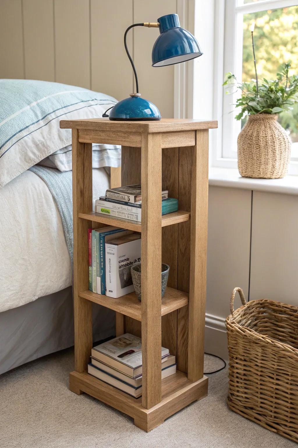 Slim bookcase nightstand: extra shelves for books + chargers, with a calm, clutter-free top.