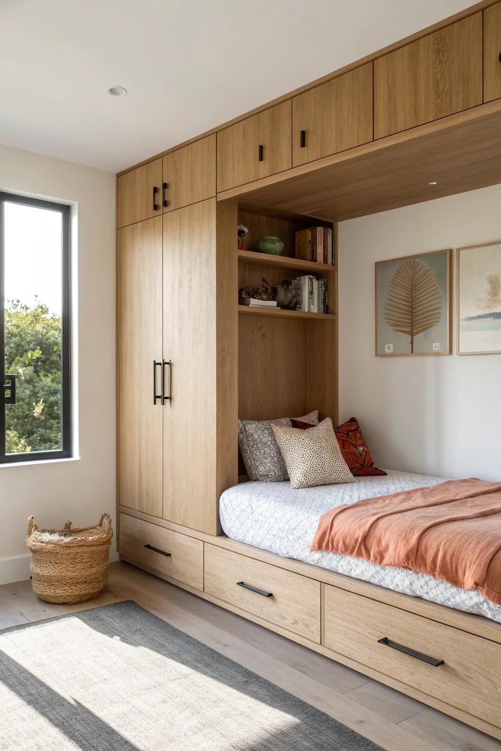 Built-in bed nook cabinets that frame the bed—cozy, custom, and space-smart storage.